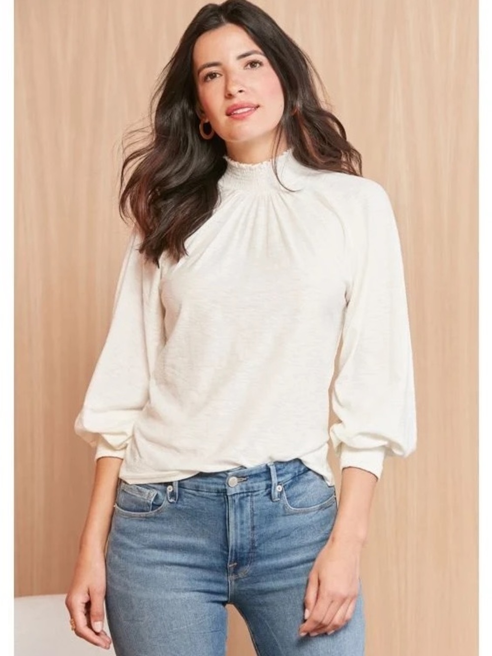 Women’s Nation LTD Melanie Smocked Peasant Tee in Off White 100% Cotton